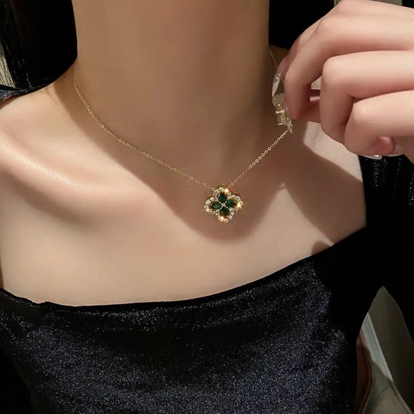Rhinestone Clover Necklace | Lucky Clover Necklace | Elegant Flower Gift | Green Zircon stone