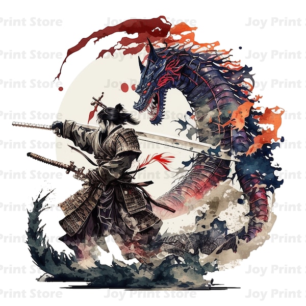 Samurai Fighting Dragon PNG 300ppi, Clipart, SVG, Digital Files, Cut Files, Art, Cricut File Svg, Layered svg,