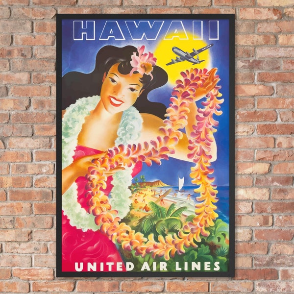 Hawaii Vintage Travel Poster, JPG Digital 300 dpi File, Wall Art, Digital Download, USA