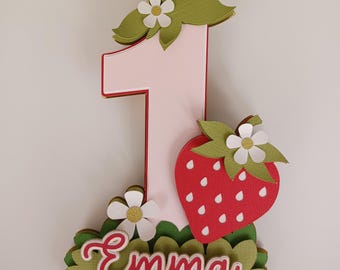 Strawberry First Birthday Cake Topper: Red, Green, and Gold