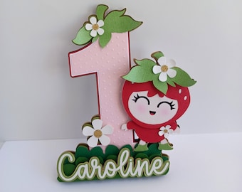 Strawberry First Birthday Cake Topper: Red, Green, and Gold