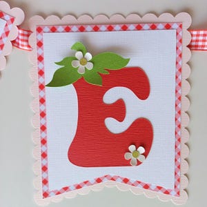 May include: Red felt letter E with white outline, decorated with green leaves and white flowers with gold centers. The letter is on a white background with a pink and red gingham border.