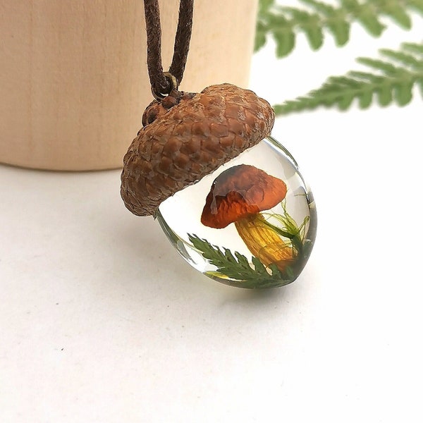 Pendentif natur, pendentif botanique, pendentif gland, pendentif champignon gland et mousse, bijoux botaniques, pendentif bohème, pendentif forêt, bijoux natur