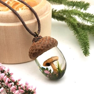 Boho Pendant, Nature Mushroom Pendant, Acorn Pendant with mushroom, forest Pendant, Botanical Jewelry, Mushroom in Resin, Forest Necklace image 1