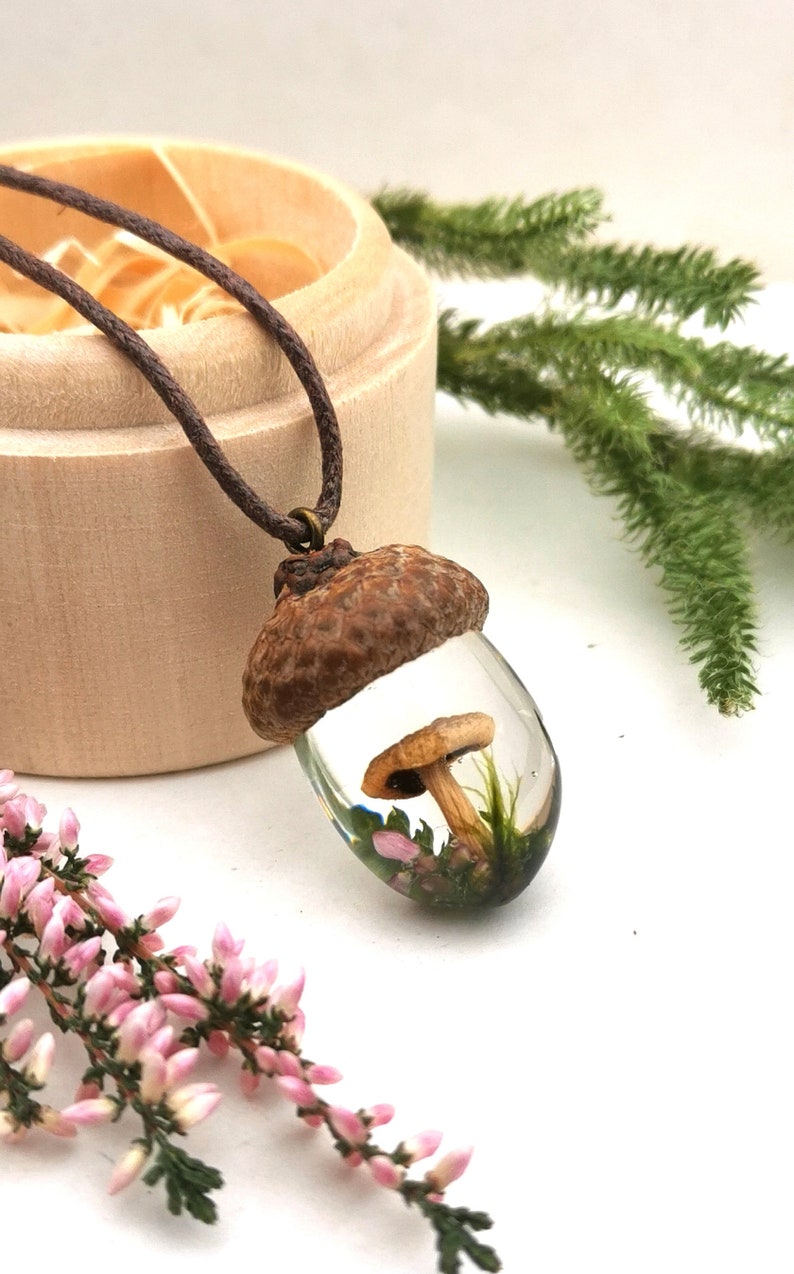 Boho Pendant, Nature Mushroom Pendant, Acorn Pendant with mushroom, forest Pendant, Botanical Jewelry, Mushroom in Resin, Forest Necklace image 1