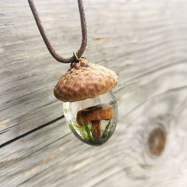 Acorn Mushroom Pendant, Real Mushroom Moss  Pendant, Forest Jewelry, Oak Acorn Necklace, Dry Mushroom in Resin, Acorn Heather Pendant