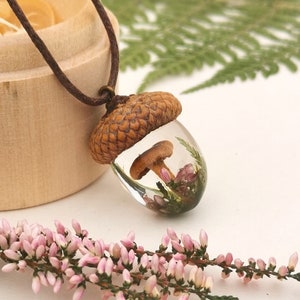 Acorn Resin Pendant: Mushroom, Moss & Fern Necklace