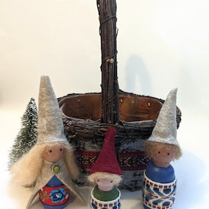 Gnome family in birch basket