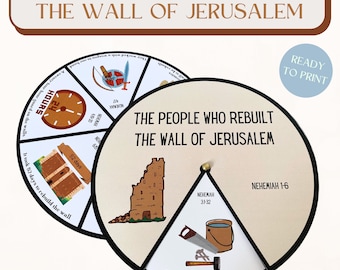 May include: A printable wheel with a black border and a beige background. The wheel is divided into six sections. Each section has a different image and text. The text includes "The People Who Rebuilt The Wall of Jerusalem", "Nehemiah 1-6", "Nehemiah 31-32", "52 days", "24 hours", and "Come let us rebuild the wall".