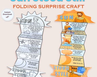 May include: A Sun Stood Still folding surprise craft featuring two vertical accordion-style paper strips. One strip is black and white, the other is colored. Both display illustrations and text detailing the biblical story of Joshua, including the sun and moon.