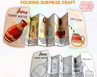 May include: A folding surprise craft titled "Jesus Turns Water Into Wine." The craft features color and black and white illustrations of the biblical story. The text "Instant Download" is also visible.