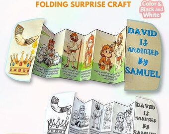 Puede incluir: Una manualidad sorpresa plegable titulada "David es ungido por Samuel". La manualidad presenta ilustraciones en color y blanco y negro de escenas bíblicas, incluyendo una corona, ovejas y figuras. El texto incluye "Descarga instantánea".