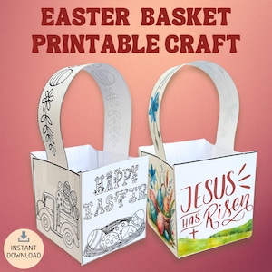 May include: Printable Easter basket craft with two designs. One design features a truck with eggs and the text "Happy Easter". The other design features a watercolour illustration of flowers and eggs with the text "Jesus Has Risen".