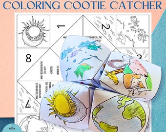 May include: A printable coloring page for a creation story cootie catcher. The cootie catcher is folded into a cube shape with different images on each side. The images include the sun, moon, stars, fish, birds, animals, and a person. The text on the cootie catcher includes the words "What did God create on the sixth day?" and "What did God call the mess?"