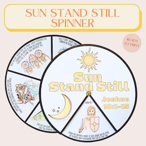 以下が含まれることがあります： 「Sun Stand Still」と「Joshua 10:1-15」のテキストが入った、印刷可能な円形のスピナー。太陽、月、星、聖書の登場人物のイラストが含まれています。このスピナーは教育目的のために設計されています。