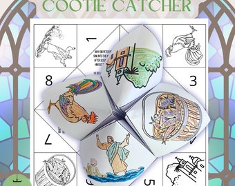 May include: A printable cootie catcher game for kids about the Apostle Peter. The game features illustrations of Peter walking on water, a rooster, a basket of fish, and a church. The game includes instructions on how to fold the cootie catcher.