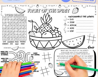 Printable Fruit of the Spirit Activity Placemat, Sunday School Craft, Bible Lesson Holy Spirit Church Activity for Kids, Coloring Pages