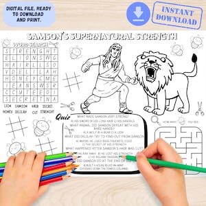Printable Samson’s Supernatural Strength Activity Placemat, Sunday School Craft, Bible Lesson Judge Samson Church Coloring Activity for Kids