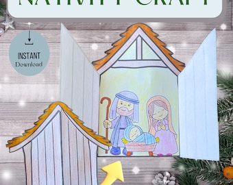 May include: A printable nativity scene craft with a cutout of a stable, Mary, Joseph, and baby Jesus. The craft is designed to be folded and assembled. The image includes the text "Nativity Craft" and "Instant Download".