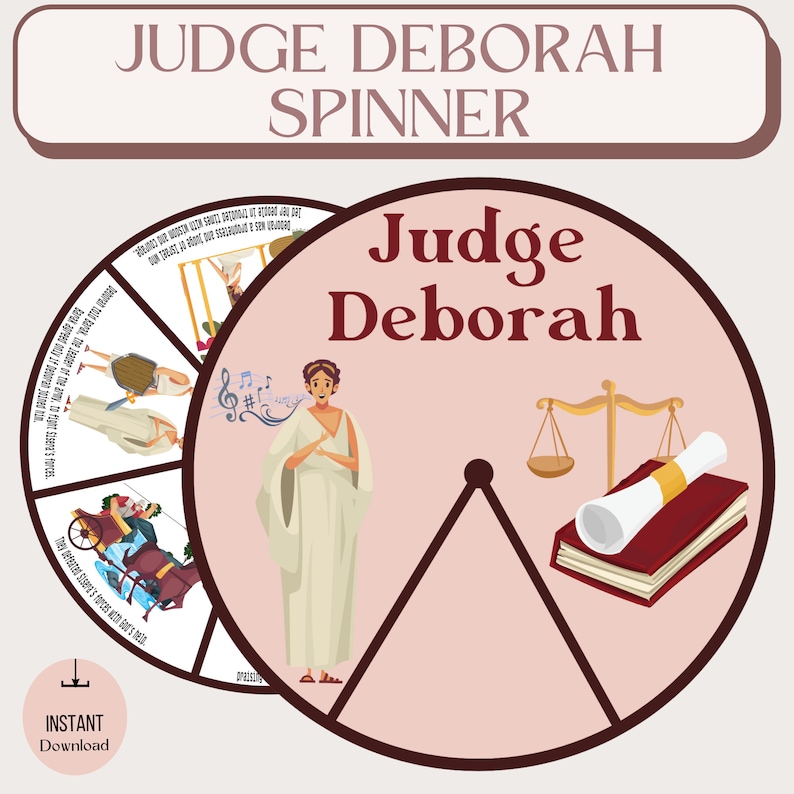 May include: A printable Judge Deborah Spinner game with a pink background. The spinner has a picture of a woman in a white robe, a scale of justice, and a book with a scroll. The spinner has six sections with different images and text.