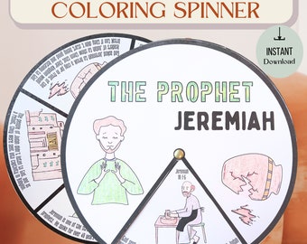 May include: A printable colouring spinner featuring the prophet Jeremiah. The spinner includes a picture of Jeremiah, a broken pot, and a potter working on a wheel. The text "The Prophet Jeremiah" is at the top of the spinner. The text "Jeremiah 18:16" is included on the spinner.