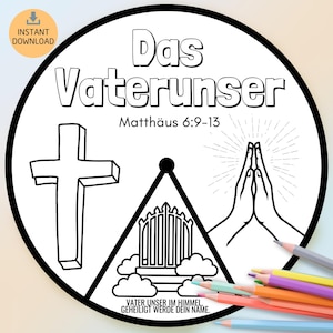 Könnte beinhalten: Eine Schwarz-Weiß-Malvorlage mit einem Kreis, auf dem oben die Worte "Das Vaterunser" und "Matthäus 6:9-13" stehen. Der Kreis enthält ein Kreuz, ein Tor mit Wolken und zwei Hände zum Beten. Der Text "Vater unser im Himmel, geheiligt werde dein Name." steht unten im Kreis.