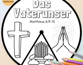 Druckbare Sonntagsschule-Bastelvorlage: Vaterunser-Gebet DEUTSCH – Ausmal-Rad für Bibelunterricht, Kindergottesdienst und Bastelspaß
