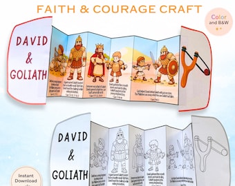 May include: A foldable paper craft set titled David & Goliath Faith & Courage Craft, featuring two accordion-style booklets. One is in full color and the other is in black and white, both depicting illustrated scenes and text from the biblical story.