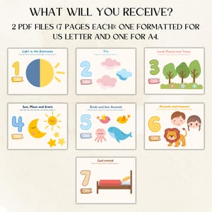 May include: A digital download graphic with the text "WHAT WILL YOU RECEIVE?" and illustrations for days 1-7, including the sun, moon, stars, sky, trees, animals, and a bed. The text also states "2 PDF FILES (7 PAGES EACH): ONE FORMATTED FOR US LETTER AND ONE FOR A4."