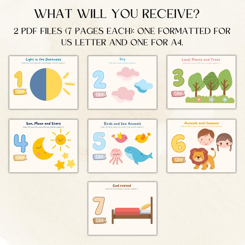 May include: A digital download graphic with the text "WHAT WILL YOU RECEIVE?" and illustrations for days 1-7, including the sun, moon, stars, sky, trees, animals, and a bed. The text also states "2 PDF FILES (7 PAGES EACH): ONE FORMATTED FOR US LETTER AND ONE FOR A4."