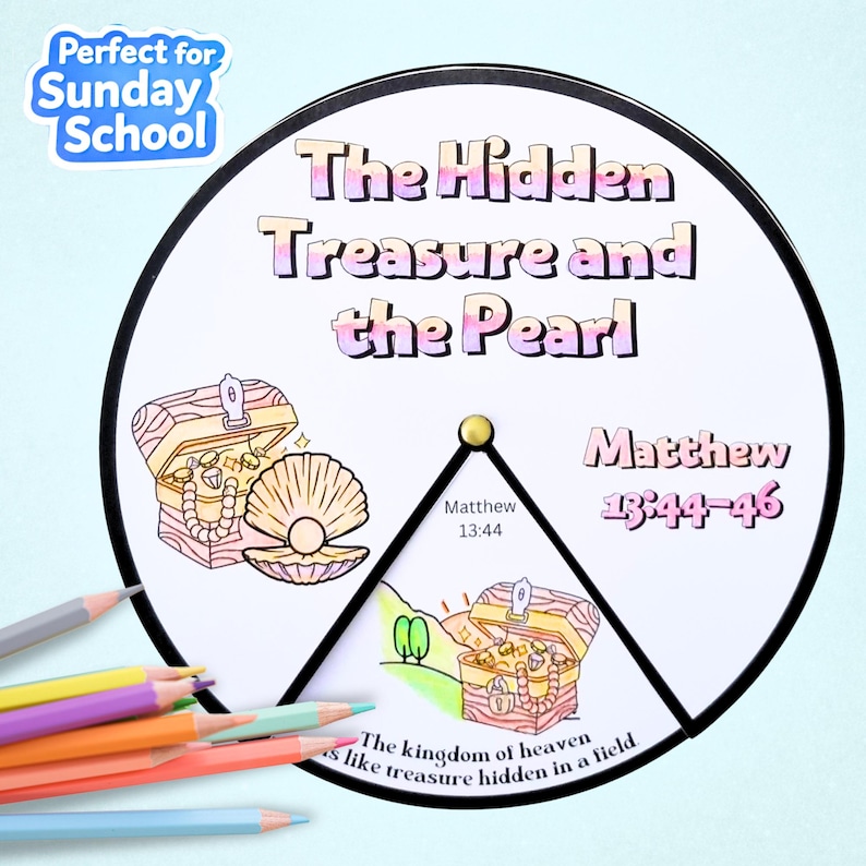 Printable Parable of the Hidden Treasure & Pearl of Great Price Coloring Spinner Wheel | Bible Craft Activity | Sunday School Resource image 4