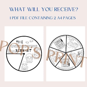 May include: Black and white printable coloring page with a circular design featuring the parable of the unforgiving servant. The text "The Unforgiving Servant" is at the top of the circle. The circle is divided into sections with illustrations of a king, a servant, and coins.