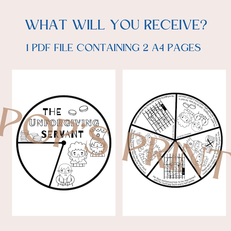 May include: Black and white printable coloring page with a circular design featuring the parable of the unforgiving servant. The text "The Unforgiving Servant" is at the top of the circle. The circle is divided into sections with illustrations of a king, a servant, and coins.