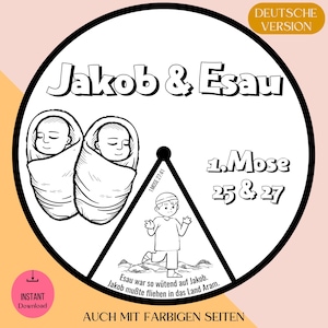 Pode incluir: Ilustração a preto e branco de um design circular com o texto "Jakob & Esau". A imagem inclui desenhos de dois bebés, um menino a correr e texto em alemão. As palavras "Download instantâneo" também estão presentes.
