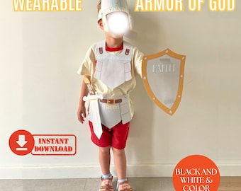 Puede incluir: Un conjunto de disfraz de armadura de Dios que incluye casco, peto, cinturón, espada y escudo. Las piezas presentan etiquetas de texto como Fe y Verdad. El set está diseñado para manualidades en papel e incluye versiones en blanco y negro y a color.