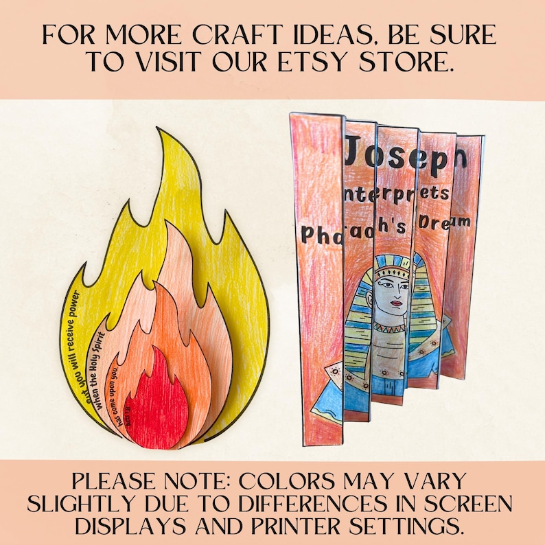 May include: A colorful craft project featuring a flame illustration and a series of panels depicting an Egyptian theme. The panels read "Joseph interprets Pharaoh's Dream." Text on the flame reads "When the Holy Spirit has come upon you, you will receive power."