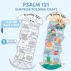 May include: A folding craft featuring Psalm 121, with illustrations and text. The craft is available in color and black & white versions. The design includes images of children, mountains, and the sun. The text includes Bible verses.