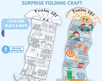 Puede incluir: Una manualidad plegable con el Salmo 121, con ilustraciones y texto. La manualidad está disponible en versiones a color y en blanco y negro. El diseño incluye imágenes de niños, montañas y el sol. El texto incluye versículos bíblicos.