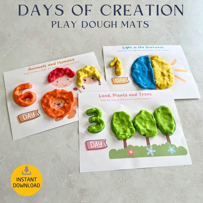 May include: Play dough mats with the text "DAYS OF CREATION" and "PLAY DOUGH MATS". The mats feature colorful play dough creations representing animals, humans, light, and trees. Includes the text "INSTANT DOWNLOAD".