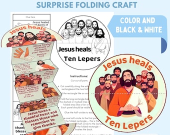 Puede incluir: Una manualidad imprimible titulada "Jesús cura a diez leprosos" con el texto "Manualidad plegable sorpresa". El diseño incluye ilustraciones de Jesús y otras figuras, junto con versículos bíblicos e instrucciones. También son visibles las palabras "Color and Black & White".