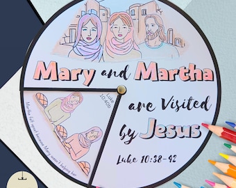 May include: A printable coloring page featuring a scene from the Bible story of Mary and Martha. The image depicts Mary and Martha with Jesus, with text that reads "Mary and Martha are Visited by Jesus" and "Luke 10:38-42".