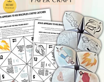 May include: Paper craft titled "JESUS APPEARS TO HIS DISCIPLES PAPER CRAFT" with instructions and a cootie catcher design. The cootie catcher features illustrations of Jesus and his disciples, with prompts for interactive play. Includes an "INSTANT Download" icon.