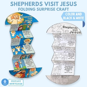 May include: A folding surprise craft titled "Shepherds Visit Jesus" in color and black and white. The craft features illustrations of angels, shepherds, and biblical scenes, with text from Luke 2. Includes an instant download button.
