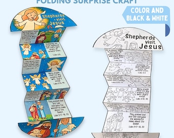 Puede incluir: Una manualidad sorpresa plegable titulada "Los pastores visitan a Jesús" en color y blanco y negro. La manualidad presenta ilustraciones de ángeles, pastores y escenas bíblicas, con texto de Lucas 2. Incluye un botón de descarga instantánea.