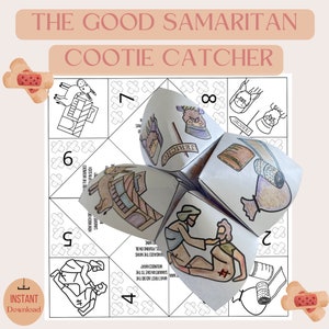 Może przedstawiać: Drukowana gra Cootie Catcher na temat Dobrego Samarytanina. Gra jest wykonana z papieru i ma białe tło z czarnymi liniami. Gra jest złożona w kształt sześcianu i ma różne obrazy na każdej stronie. Obrazy obejmują mężczyznę na osiołku, mężczyznę z bandażami i mężczyznę z laską. Gra ma na celu nauczyć dzieci historii Dobrego Samarytanina.