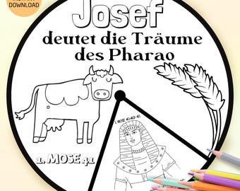 Druckbare Sonntagsschul-Bastelvorlage: Josef deutet Pharaos Träume – Ausmal-Rad für Bibelunterricht, Kindergottesdienst und Bastelspaß
