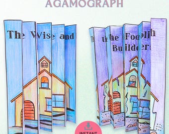 May include: An agamograph titled "Wise and Foolish Builders" featuring two illustrated churches. The left church is intact, while the right church shows damage. The text "Wise and Foolish Builders Agamograph" is at the top, with "Instant Download" in a pink circle at the bottom.