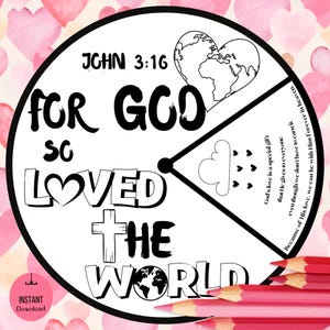 Printable Sunday School Craft, John 3:16 "For God So Loved the World" Coloring Wheel, Kids Ministry Bible Lesson, Homeschool Bible Activity