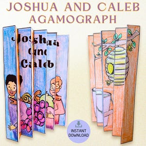 May include: A colourful agamograph with the text "Joshua and Caleb Agamograph." The artwork shows illustrations of biblical figures, grapes, a beehive, and bees. The words "Instant Download" are also visible.