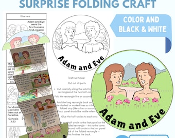 May include: A craft project titled "Adam and Eve Surprise Folding Craft" with illustrations of Adam and Eve. The image includes instructions, a color and black & white option, and an "Instant Download" button.